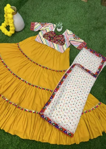 three star yellow color navratri chaniya choli with mens kurta