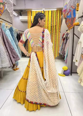 three star yellow color navratri chaniya choli with mens kurta
