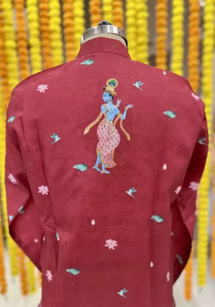 maroon color embroidered and printed mens kurta for navratri