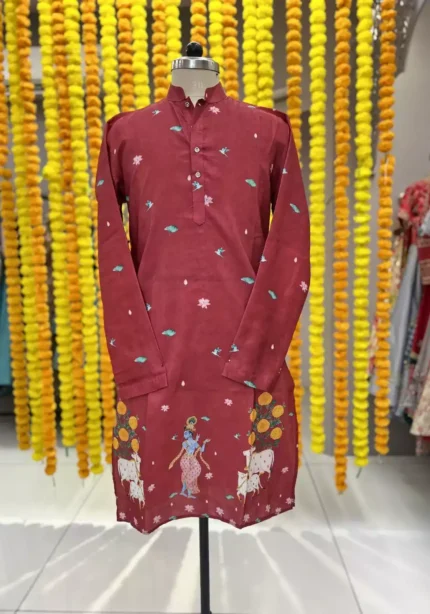 maroon color embroidered and printed mens kurta for navratri