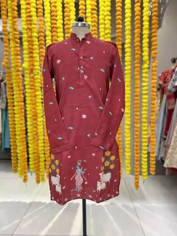 maroon color embroidered and printed mens kurta for navratri