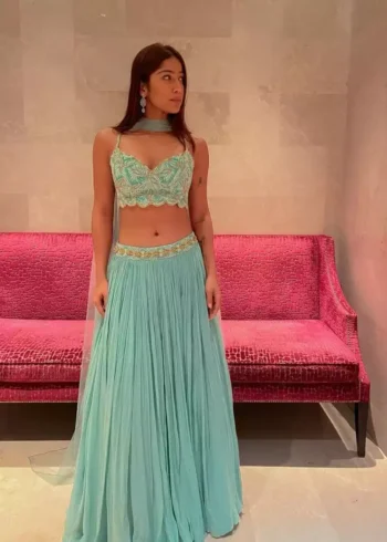 turquoise color faux georgette embroidered party wear lehenga choli