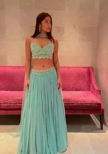 turquoise color faux georgette embroidered party wear lehenga choli