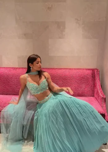 turquoise color faux georgette embroidered party wear lehenga choli