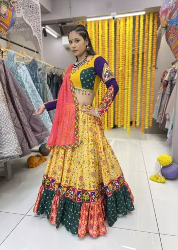 yellow color patola printed navratri chaniya choli with mens kurta