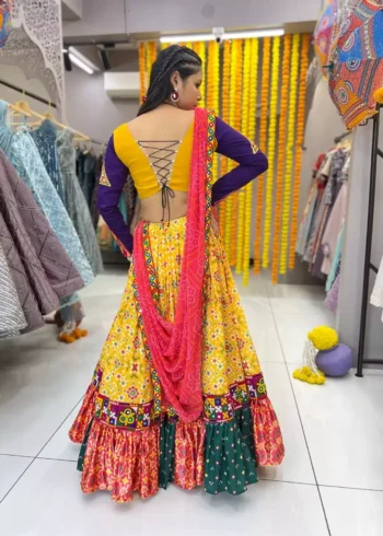 yellow color patola printed navratri chaniya choli with mens kurta