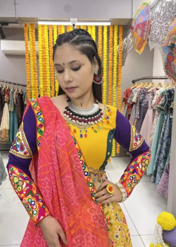 yellow color patola printed navratri chaniya choli with mens kurta