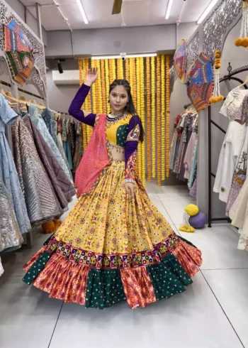 yellow color patola printed navratri chaniya choli with mens kurta