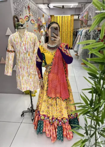yellow color patola printed navratri chaniya choli with mens kurta