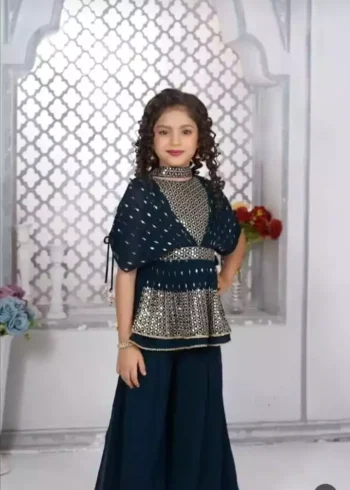 Navy Blue Faux Georgette Kids Top & Palazzo set