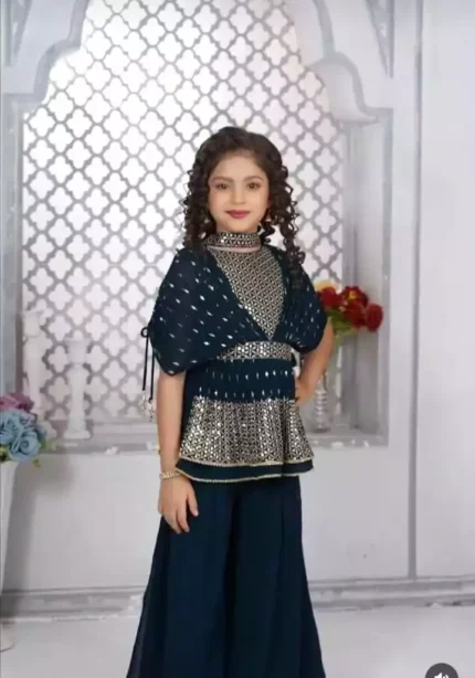 Navy Blue Faux Georgette Kids Top & Palazzo set