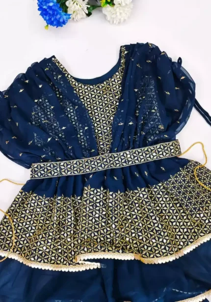 Navy Blue Faux Georgette Kids Top & Palazzo set