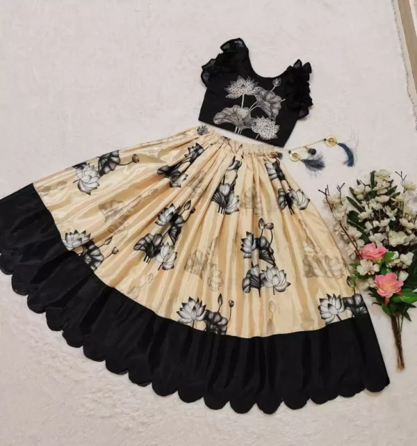 cream and black chinon silk lehenga for kids