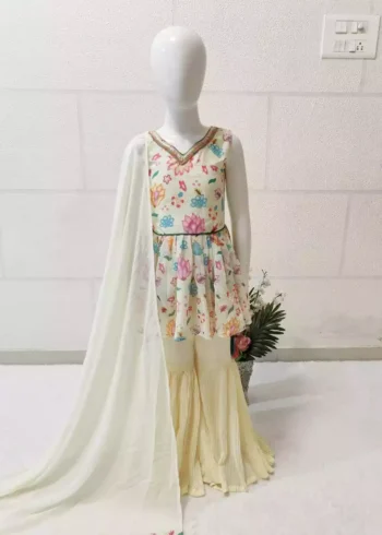 cream color Floral Digital Printed Top and Palazzo for Kids
