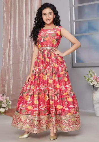 Digital Printed Sequins Embroidered Gown for Kids