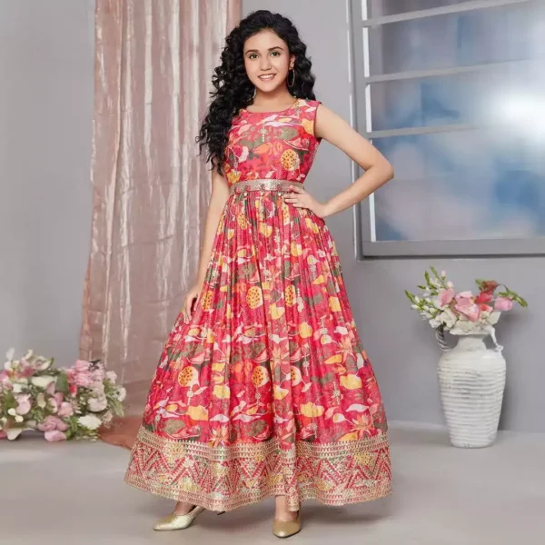 Digital Printed Sequins Embroidered Gown for Kids