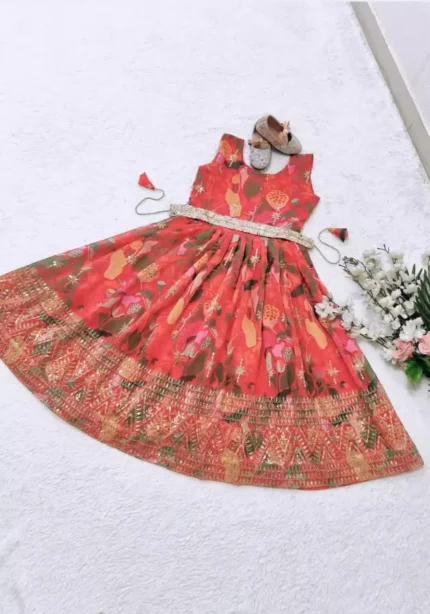 Digital Printed Sequins Embroidered Gown for Kids