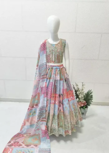 Faux Georgette Digital Printed and Sequins Embroidered Lehenga for Kids