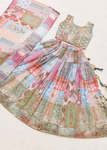 Faux Georgette Digital Printed and Sequins Embroidered Lehenga for Kids