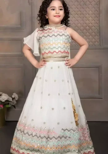 white color Faux Georgette Sequins Embroidered Kids Lehenga