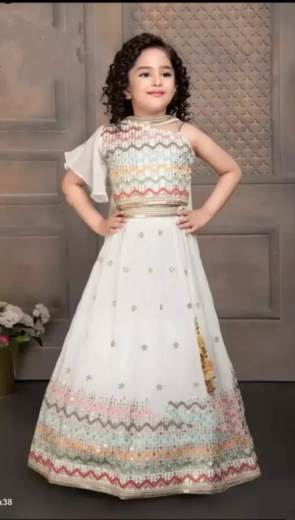 white color Faux Georgette Sequins Embroidered Kids Lehenga