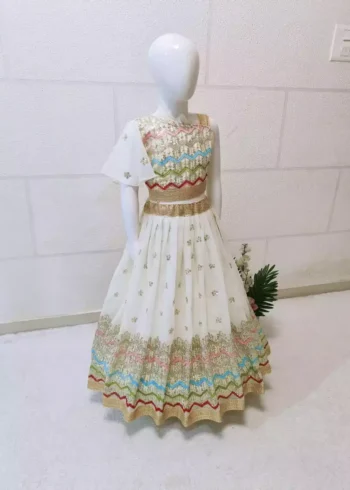 white color Faux Georgette Sequins Embroidered Kids Lehenga