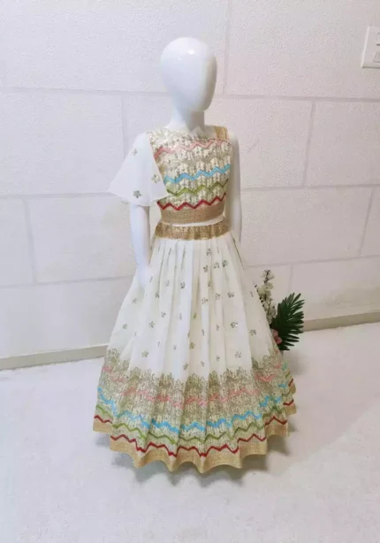 white color Faux Georgette Sequins Embroidered Kids Lehenga