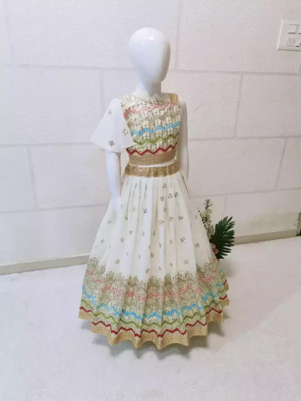 white color Faux Georgette Sequins Embroidered Kids Lehenga