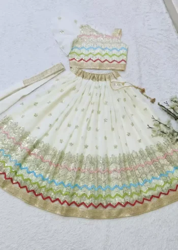white color Faux Georgette Sequins Embroidered Kids Lehenga