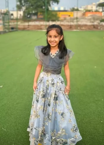 grey color Rose Printed Frill Design heavy organza fabric Kids Lehenga Choli