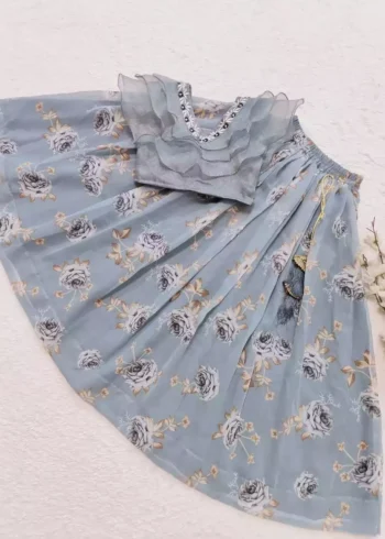 grey color Rose Printed Frill Design heavy organza fabric Kids Lehenga Choli