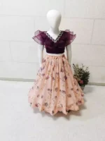 Cream color Rose Printed Frill Design heavy organza fabric Kids Lehenga Choli