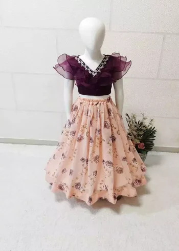 Cream color Rose Printed Frill Design heavy organza fabric Kids Lehenga Choli