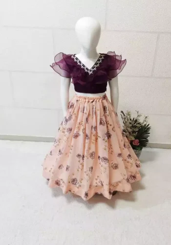 Cream color Rose Printed Frill Design heavy organza fabric Kids Lehenga Choli