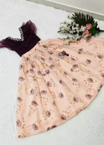 Cream color Rose Printed Frill Design heavy organza fabric Kids Lehenga Choli