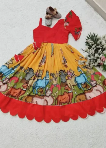 Yellow muslin cotton Kalamkari digital Printed Gown for Kids