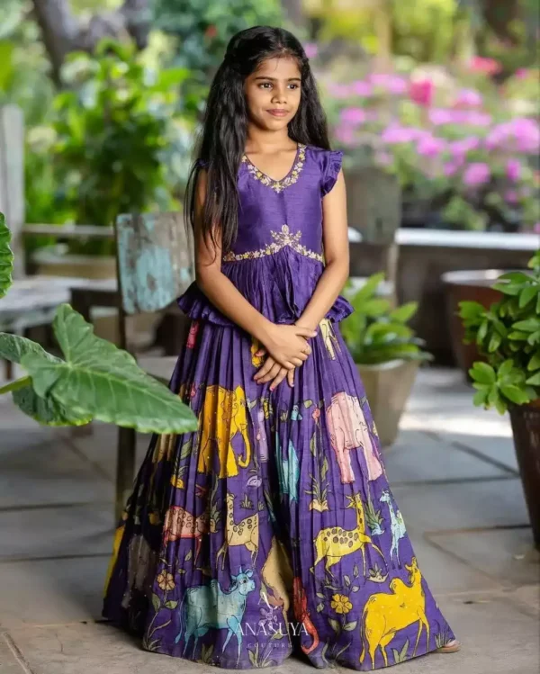 navy blue color kalamkari animal printed kids lehenga choli front min