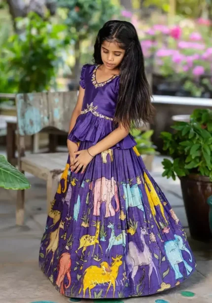 navy blue color kalamkari animal printed kids lehenga choli