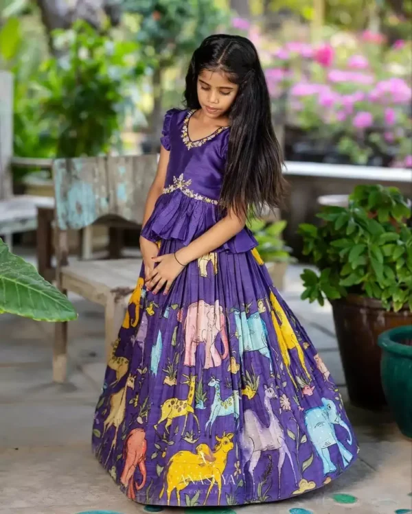 navy blue color kalamkari animal printed kids lehenga choli