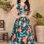 Navy Blue Floral Printed Kids Lehenga Choli
