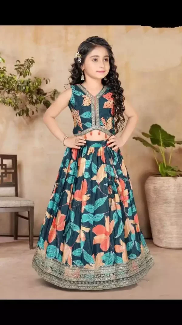 navy blue faux georgette multi color printed lehenga for kids min