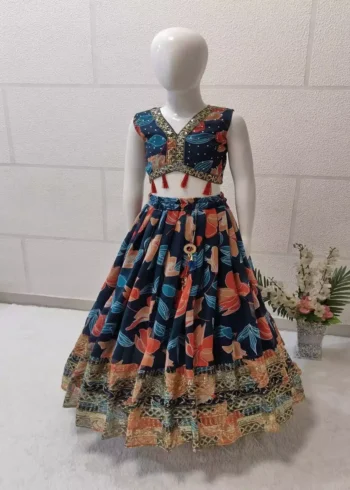 navy blue color faux georgette floral printed kids lehenga choli