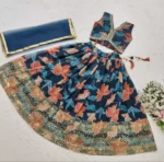 navy blue color faux georgette floral printed kids lehenga choli