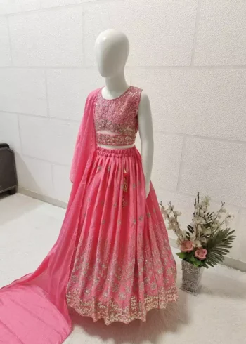 pink color Chinon Silk Stitched Lehenga For Kids