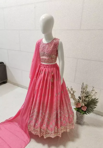 pink color Chinon Silk Stitched Lehenga For Kids