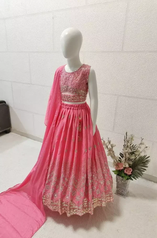 pink color Chinon Silk Stitched Lehenga For Kids