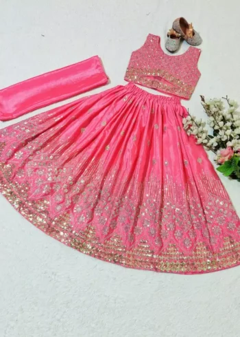 pink color Chinon Silk Stitched Lehenga For Kids