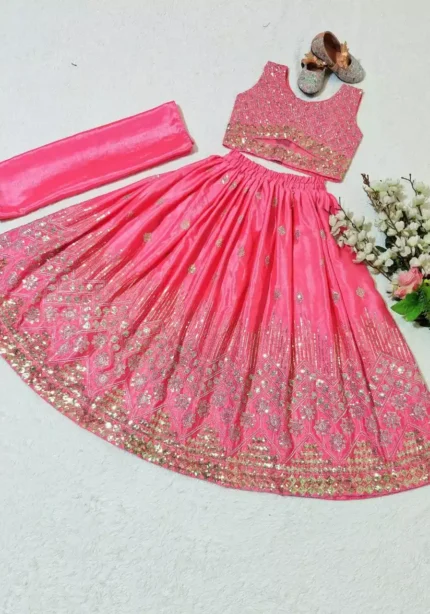 pink color Chinon Silk Stitched Lehenga For Kids