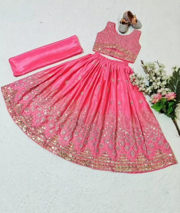 pink color Chinon Silk Stitched Lehenga For Kids