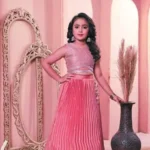 pink color Chinon Silk Stitched Lehenga For Kids